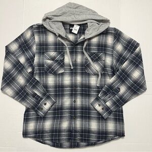RSQ Gray and Black Plaid Hooded Shirt